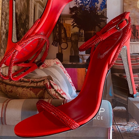 Rene Caovilla Red Satin Heels with Crystal Straps NWT - Picture 2 of 12